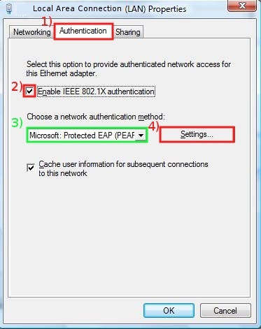 In Authentication tab enable IEEE 802.1X authentication --> Protected EAP (PEAP) --> Settings...